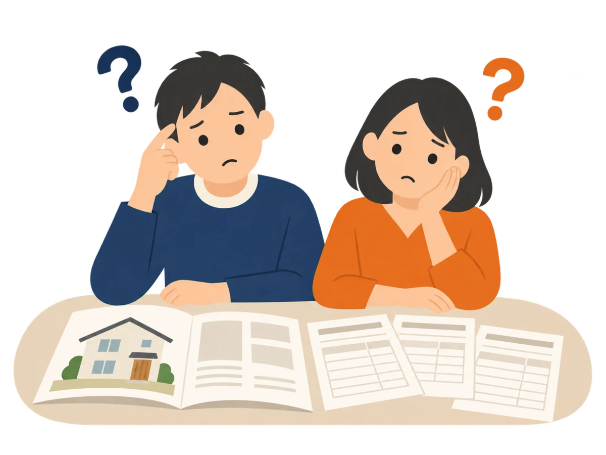 カタログと見積書を前に悩む夫婦のイラスト